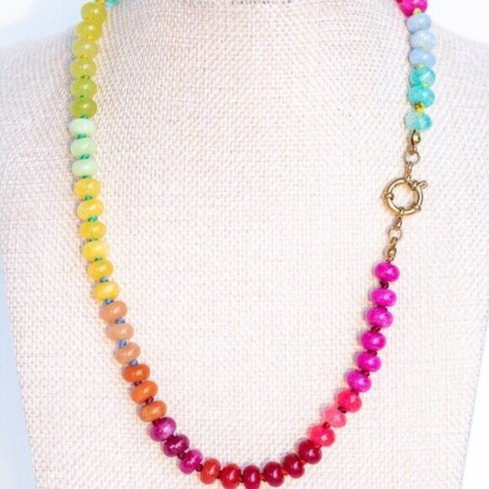 Rainbow Crystal Beaded Necklace 18K Gold Toggle Waterproof Boho Layering Jewelry - Picture 11 of 16